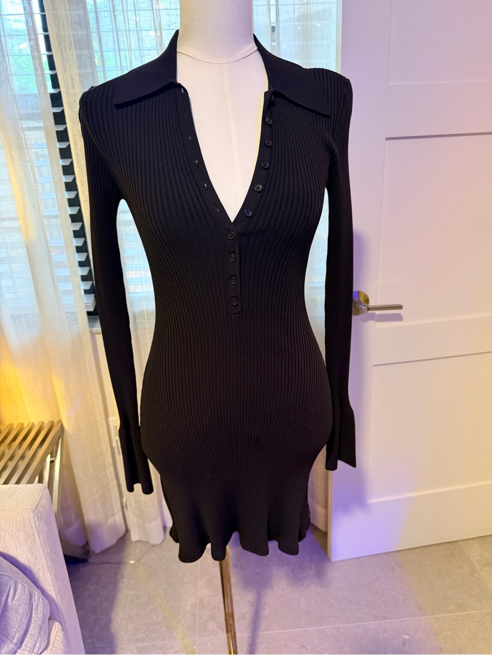 A.L.C. Black Ribbed Knit Button-Front Midi Dress XS